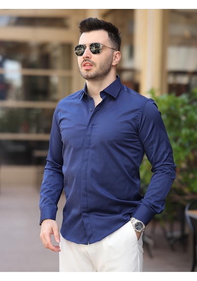 Süper Slim Fit Dar Kalıp Gizli Düğmeli Pamuk Saten Gömlek Lacivert