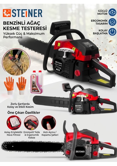 Steiner 2.8 Hp Turbo Profesyonel 52cc Çift Egzoz 50cm Ağaç Odun Dal Kesme Benzinli Testere Hızar Makinesi Kırmızı
