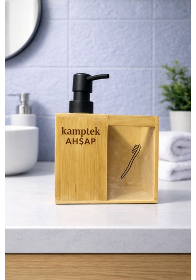 Bambu İkili Banyo Seti - Sıvı Sabunluk & Diş Fırçalık Bambu Banyo Lavabo Organizer Krem