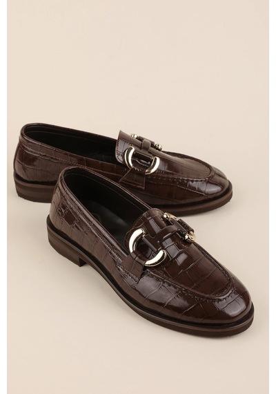Gondol Kadın Hakiki Deri Tokalı Loafer Ayakkabı Crm.181 Kahve Croco