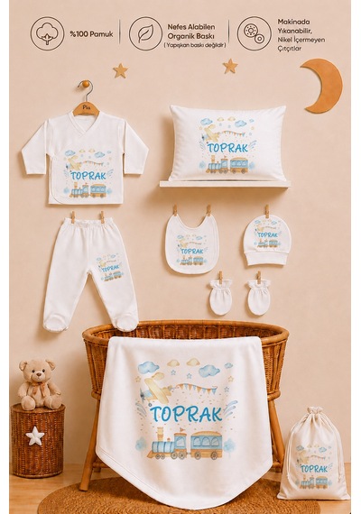 Pia Baby Kişiye Özel %100 Pamuk Erkek Bebek Hastane Çıkışı Zıbın Seti 8 Parça Kese Hediyeli 2096zybk0x Ekru