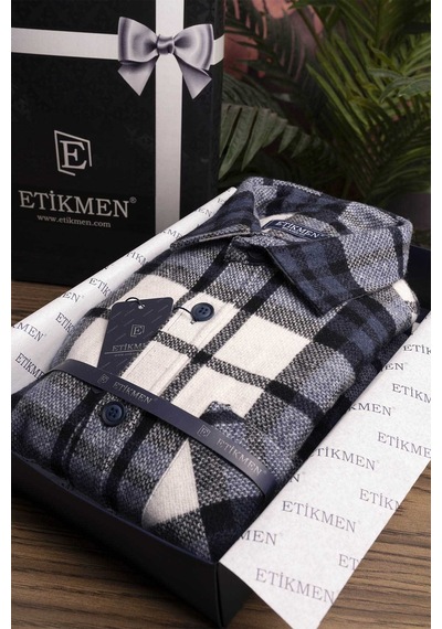 Etikmen Lacivert Beyaz Geçiş Oversize Oduncu Hediye Kutulu Erkek Gömlek Lacivert