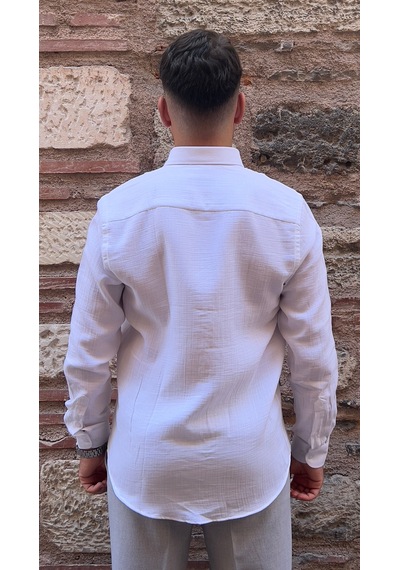 Slim Fit Uzun Kol Müslin Pamuk Rahat Nefes Alabilen Kumaştan Yaka Düğmeli Hediye Kutulu Erkek Gömlek Fs-004202 - Beyaz-2869