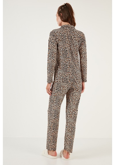 Lela Desenli Beli Lastikli Gömlek Yaka Dokuma Bayan Pijama Takımı 6095660W4 Leopar