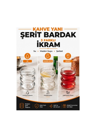 6'lı Cam Kahve Yanı Şerit Bardak Su, Maden Suyu Ve Şerbet Sunum Bardağı Şaffaf