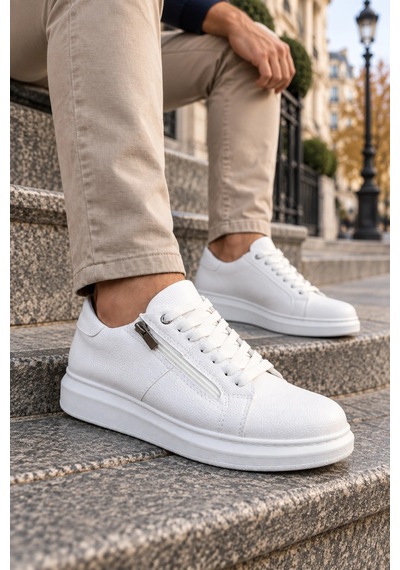 Mevese Roirraw Bağcıklı Ve Fermuarlı Cilt Erkek Günlük Sneaker Ayakkabı - Beyaz
