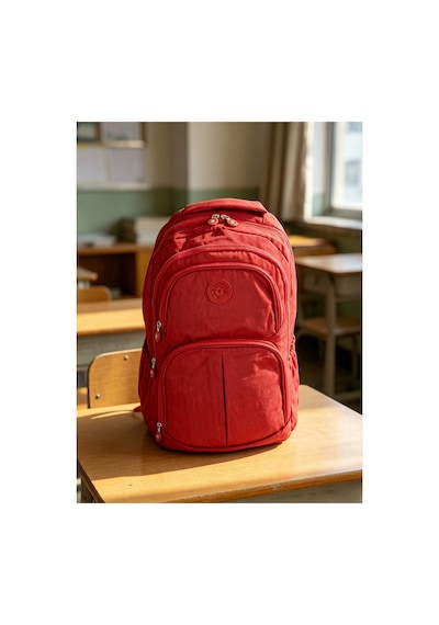 Çok Bölmeli Su Geçirmez Kumaş Kız Erkek Okul Ve Günlük Sırt Çantası - Laptop Uyumlu Seyahat Çantası Kırmızı Kırmızı