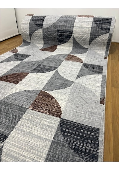 Kaymaz Taban Saçaklı Gri Kahve Modern Yıkanabilir Salon Mutfak Koridor Yolluk Halı Kahve - Gri
