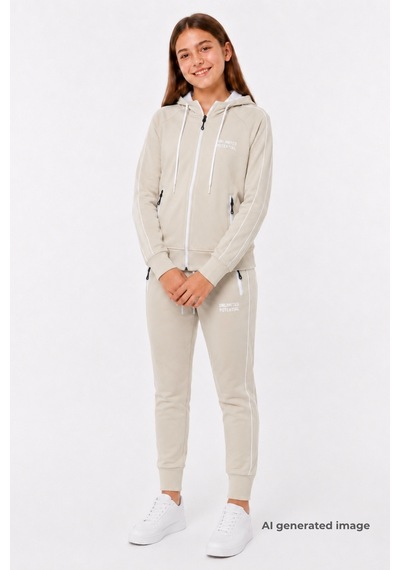 Pina Kids Kız Çocuk Scuba Unlimited Çift Şeritli Kapüşonlu Reglan Kol Dalgıç Kumaş Eşofman Takımı Esf7023 Krem