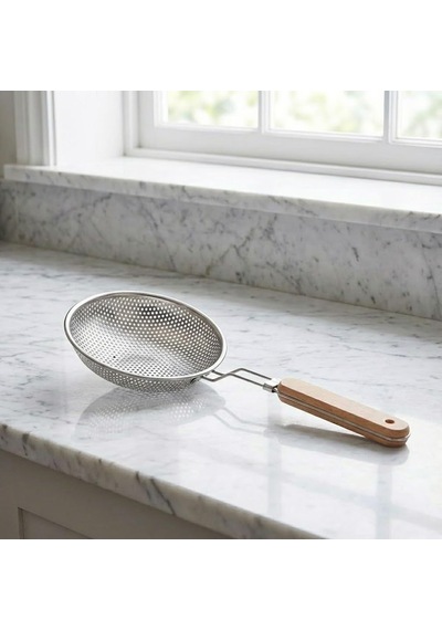 Ahşap Saplı Uzun Kulplu Çelik Kevgir Paslanmaz Metal Süzgeç, Derin Gövdeli, Ergonomik Tasarım, Isıya Dayanıklı, Mutfak Gereci 14 Cm Çok Renkli