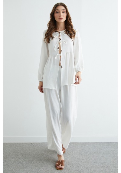 Fullamoda Fullamodest Önü Bağlamalı Ayrobin Kimono 2 Li Takım Beyaz