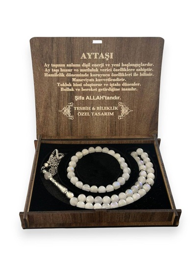 Ay Taşı Tesbih Ve Bileklik Seti Özel Tasarım Ahşap Kutusunda