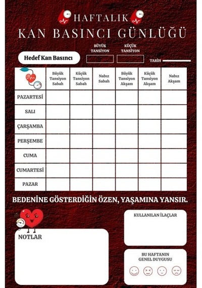 Tansiyon Ölçüm Takip Çizelgesi Defteri A Kalite Özel Tasarım 6 Aylık A6 Boyut Sarı