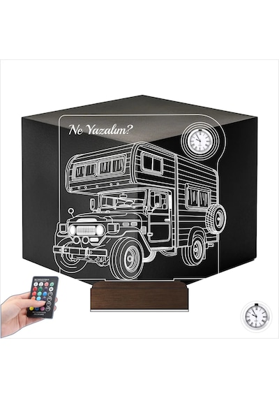 Luvivia Karavan Kamp Kamping Outdoor Tasarım Kişiye Özel Metal Saatli 3d Lamba - Masa Gece Lambası Şeffaf