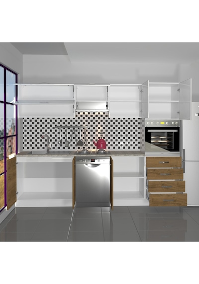 Decoraktiv Elite 280yq Ankastre Boy Dolaplı Mdf Hazır Mutfak Dolabı - Tezgah Dahil - Pera - Beyaz Beyaz - Meşe