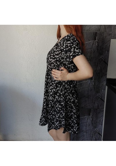 V Yaka Çıtır Desenli Mini Elbise Kt0183-200 Siyah