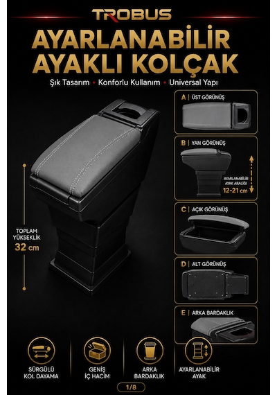 Trobus Renault Megane 2 2002-2009 Uyumlu Ayarlanabilir Ayaklı Kolçak Kol Dayama Bardaklıklı Gri