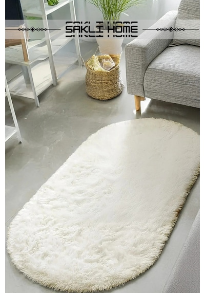Krem Oval Post Halı Peluş Yumuşak Kaymaz Dot Taban Makinada Yıkanabilir Yolluk Krem