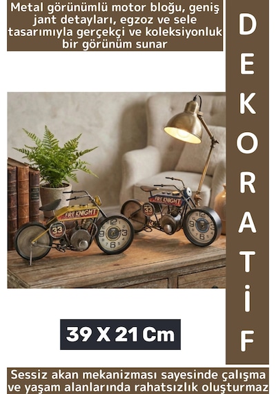 Dekoratif Hediyelik Metal Görünümlü Retro Çok Şık Yarış Motoru Tasarımlı Masaüstü Saat 39 X 21 Cm