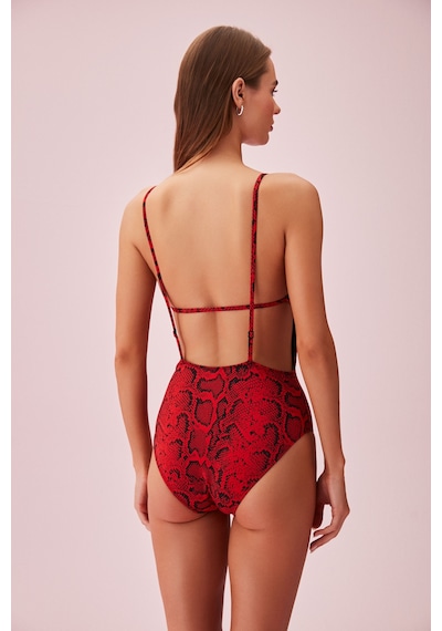 Suwen Red Snake Sırt Detaylı Desenli Mayo Sb253001025d1025 Kırmızı Yılan Desenli