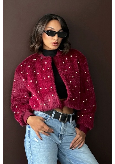 Verymoda Suni Kürk Bomber Ceket - İnci Detaylı Bordo
