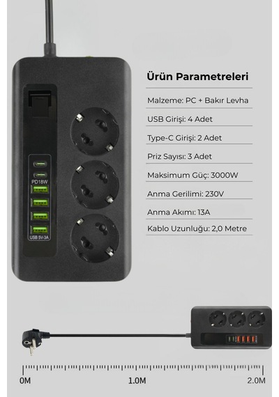 Pro P101 3x Priz 3000w Akım Korumalı 4x Usb 2x Type-c Girişli Çoklu Priz 0.2 M