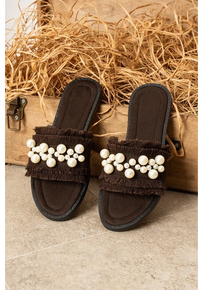 Dabab Shoes Mınoa Kadın İnci Detaylı Hasır Dokulu Acı Kahve Düz Terlik Kahverengi