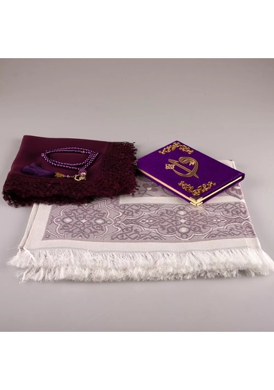 Şal + Seccade + Tesbih + Yasin Hediye Seti Çanta Boy, Elifvav, Raşel Cilt, Mor
