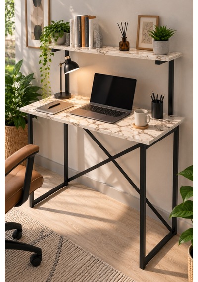 Sulorahome Beyaz Raflı Çalışma Masası Bej Mermer