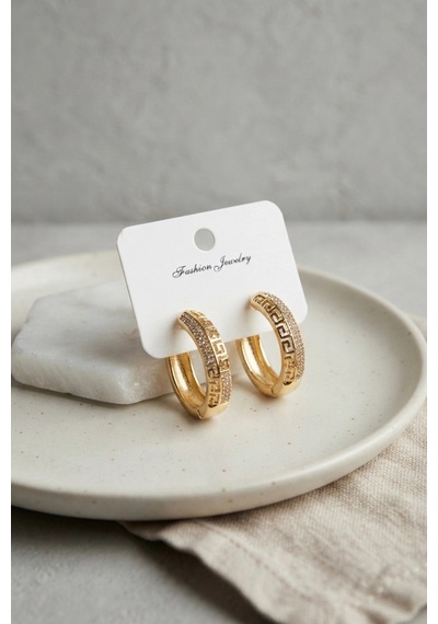 Gold Renk Zirkon Taşlı Ve Geometrik Motifli Pirinç Halka Kadın Küpe 11024558