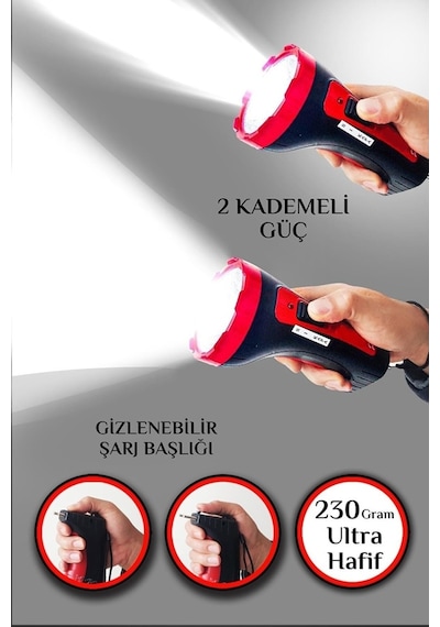 Şarjlı 10w Projektör Led El Feneri 2 Mod Aydınlatmalı Uzun Menzil Güvenlik Bekçi Polis Feneri Işıldak Siyah