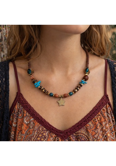 Zenya Boho Otantik Desenli Kadın Kolye Pirinç & Doğal Taşlı Çelik