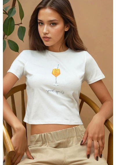 Hiccup Baskı Detaylı Regular Fit Bisiklet Yakalı %100 Pamuklu Crop T-shirt Beyaz
