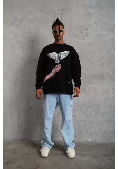 Vexor Erkek Güvercin Baskılı Sweatshirt - Siyah