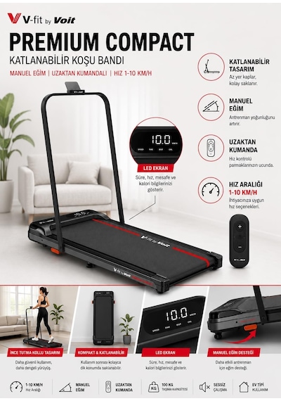 V-fit By Voit Premium Compact Katlanabilir Koşu Bandı Manuel Eğimli & Uzaktan Kumandalı