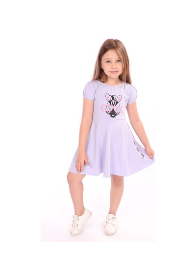Toontoy Kız Çocuk Baskılı Relax Fit Bisiklet Yaka Kısa Kollu Elbise Açık Lila