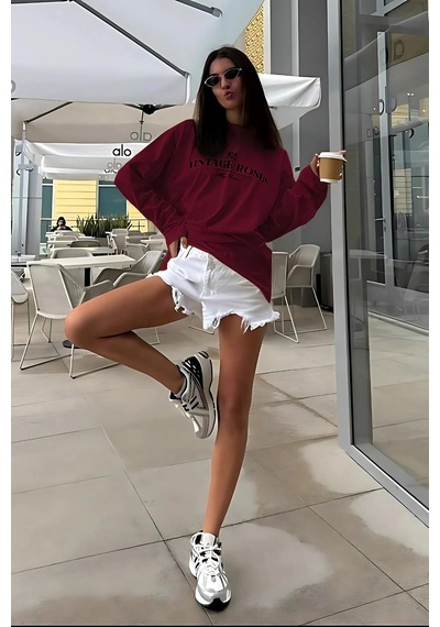 Madmext Bordo Baskılı Uzun Kollu Tişört Mg2451 Bordo
