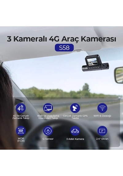 S58 4g Sim Kartlı Ticari Yönetmelik Uyumlu 4k 3 Kameralı Araç Kamerası - Sos Butonlu