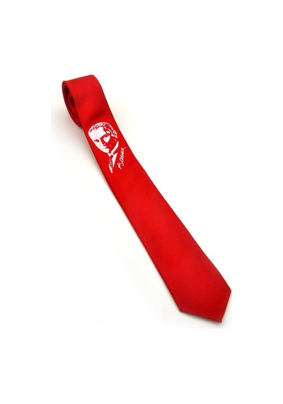 Atatürk Portre Ve İmza Baskılı Slim Fit Saten Kırmızı Kravat - Ak-08 Kırmızı