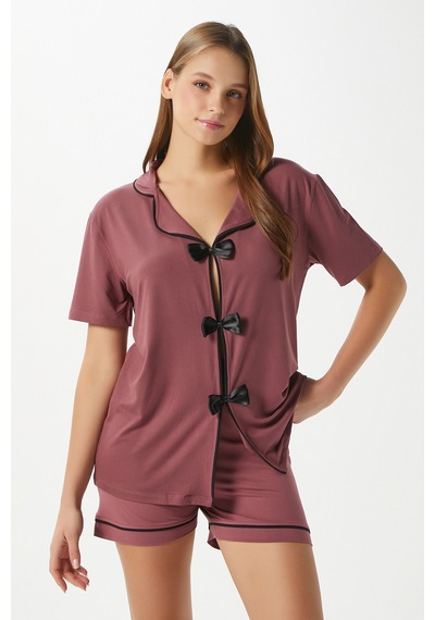 Ritnice Kadın Violet Gülkurusu Şortlu Fiyonklu Alt Üst Pijama Takımı Gülkurusu