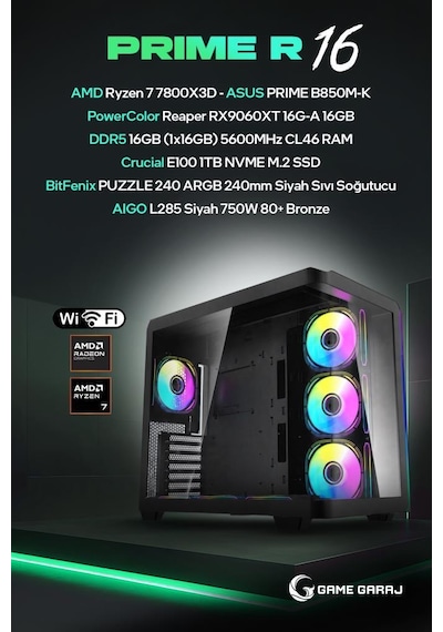 Game Garaj PRIME-R16 R7-7800X3D 16 GB RX9060XT 16 GB 1 TB SSD Free Dos Oem Paket Masaüstü Oyuncu Bilgisayarı