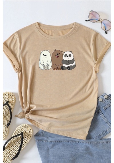 Uyguntarz Unisex Kafadar Ayılar Tasarım T-shirt Bej
