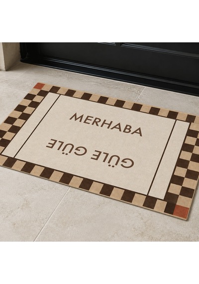 Kartela Halı Merhaba Güle Güle Damalı Kapı Paspası Bej Kaymaz Kauçuk Taban Yıkanabilir 60x90 Cm