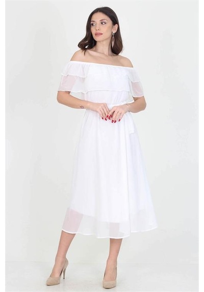 Neşeli Butik Kadın Yeni Sezon Madonna Yaka Bağlama Detaylı Şifon Elbise Ry8060 Beyaz