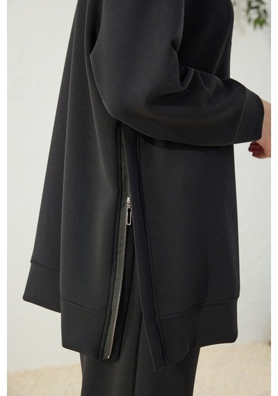 Aker Siyah Yakası Ve Yan Yırtmaçları Fermuarlı Modal Sweatshirt Siyah Siyah