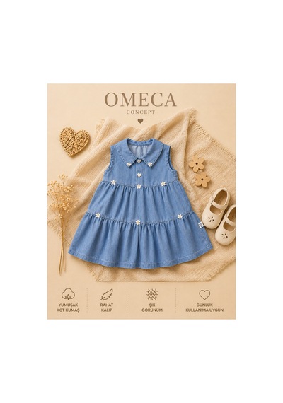Omeca Concept Kız Bebek Papatya İşlemeli Kot Elbise Mavi