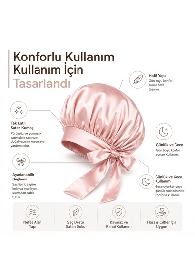 Ayarlanabilir Saç Bakım Bonesi İpek Saten Uyku Bonesi Tek Katlı Bandana Gül Kurusu