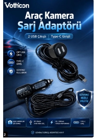 Araç Kamera Şarj Adaptörü 2 Usb Li Type-c Girişli 3.5 Metre Kablo Uzunluğu Ürün Kamera Değildir Aklby-bsva58