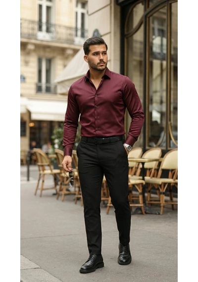 Valensdesign Erkek Saten Klasik Gömlek Bordo