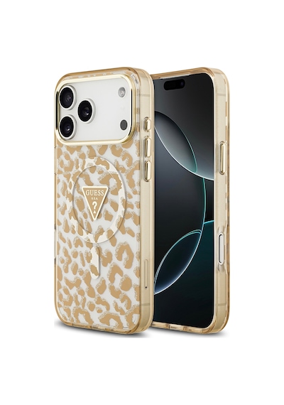 Apple iPhone Uyumlu 18 Pro Max Kılıf Guess Lisanslı M-safeli Üçgen Logolu Simli Leopar Desenli Kapak Kahverengi